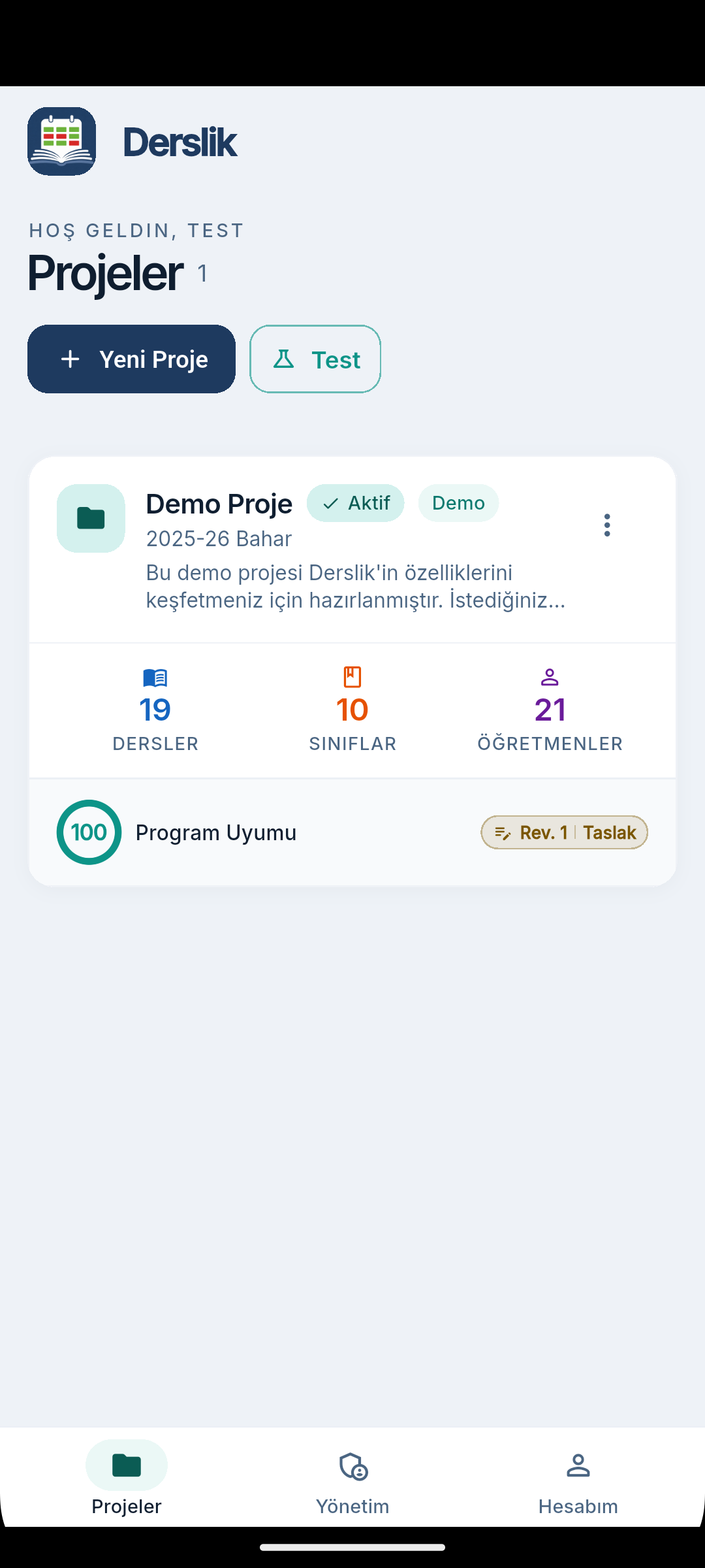 Projeler ana ekranı
