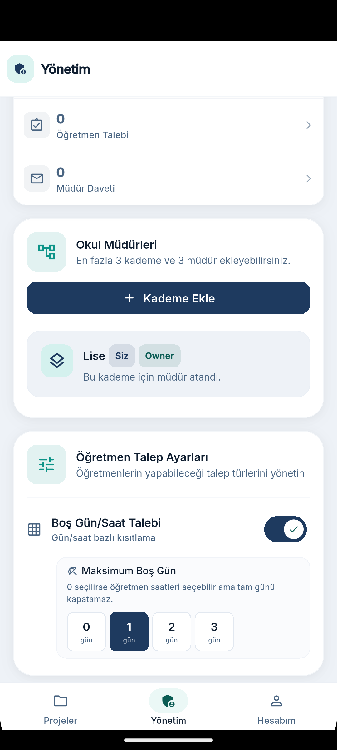 Yönetim sekmesi - talepler ve ayarlar