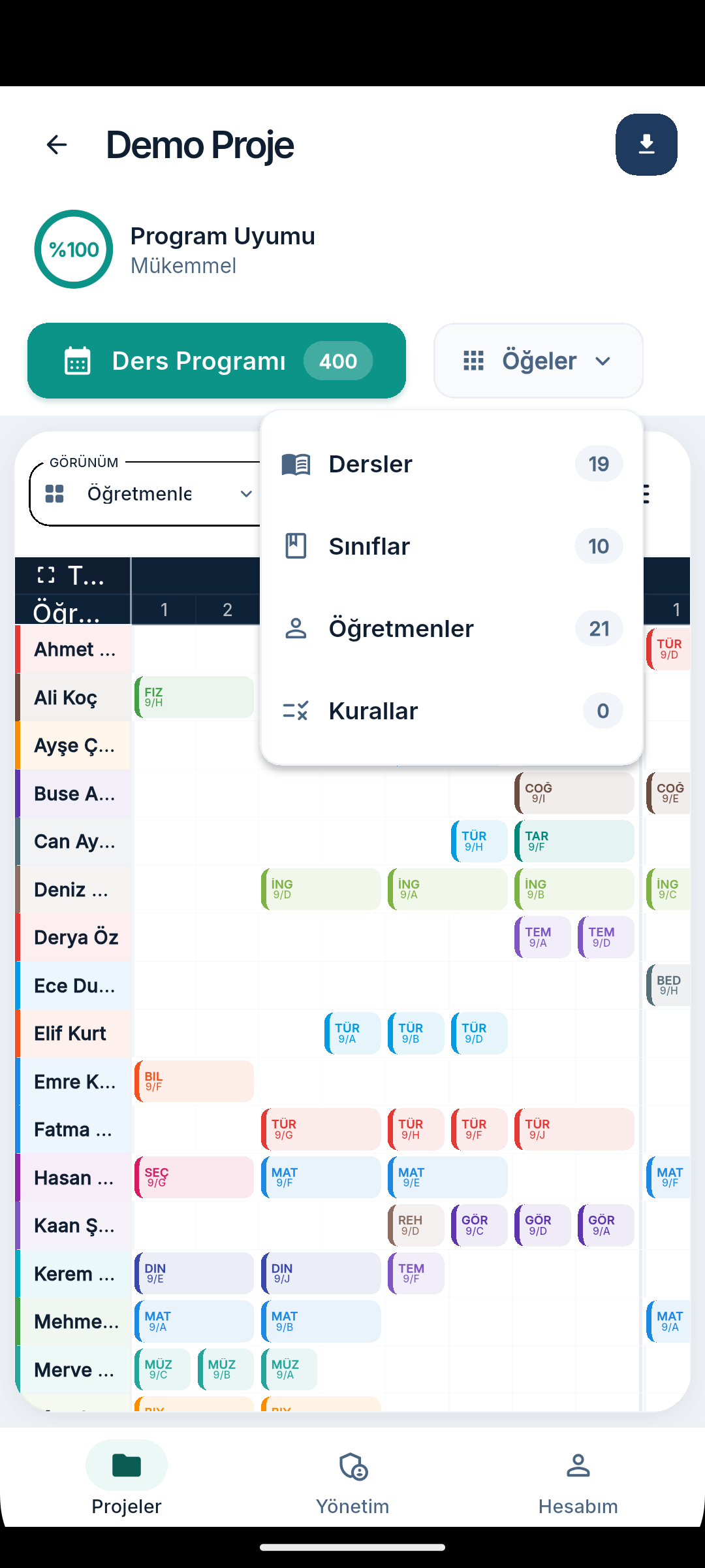 Öğeler menüsü ve program ızgarası