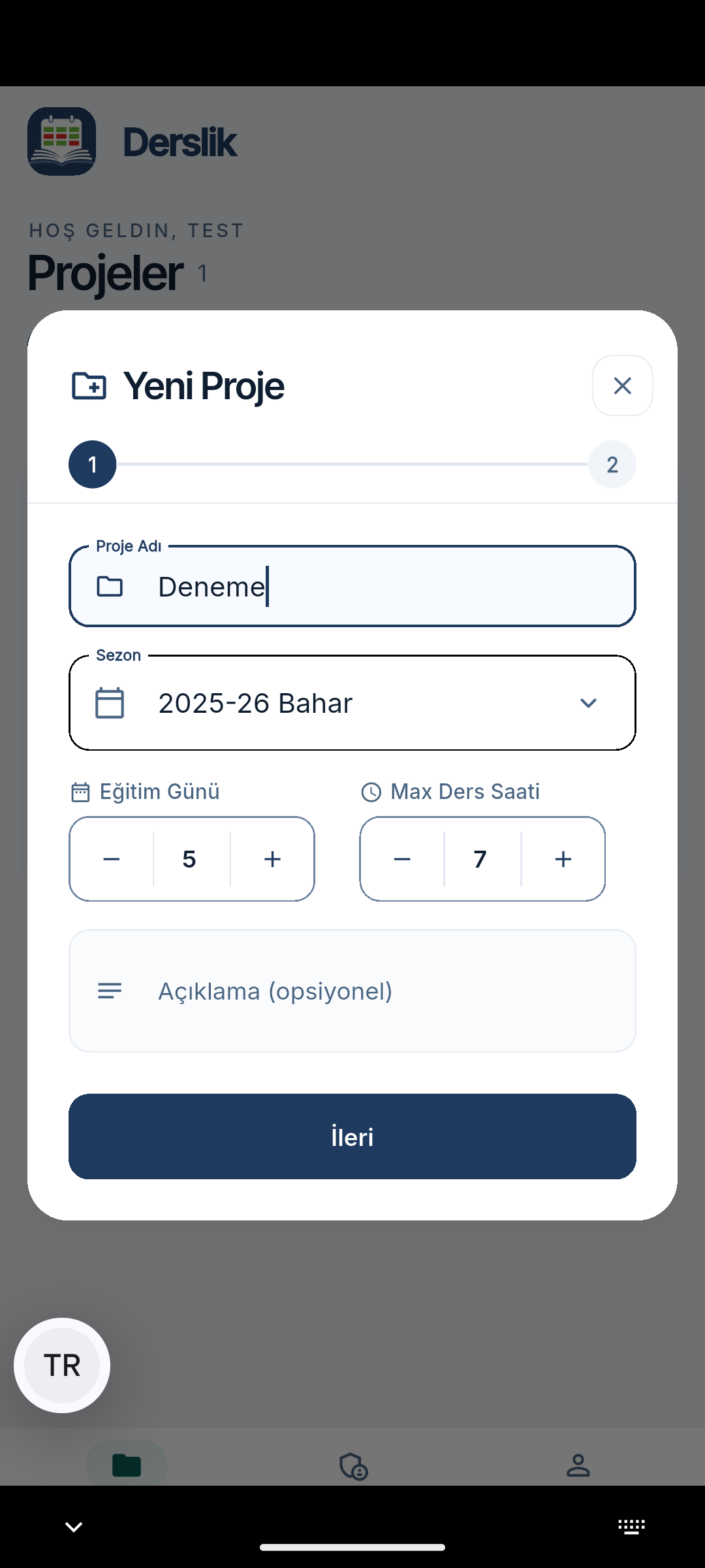 Yeni proje formu - adım 1