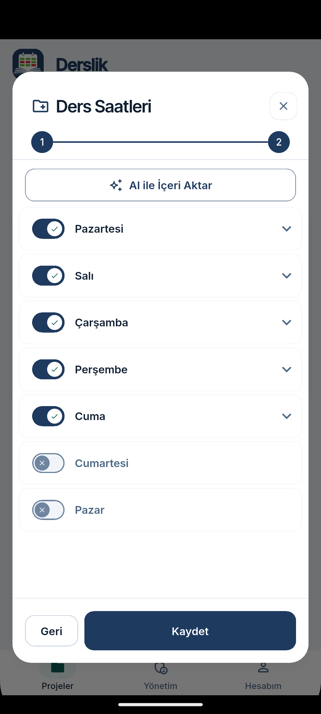 Yeni proje formu - adım 2: günler