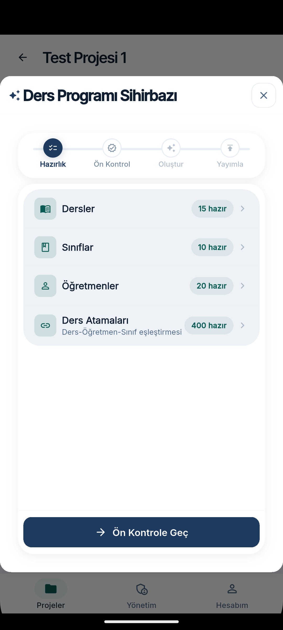 Sihirbaz Hazırlık adımı — AI ile İçeri Aktar butonu